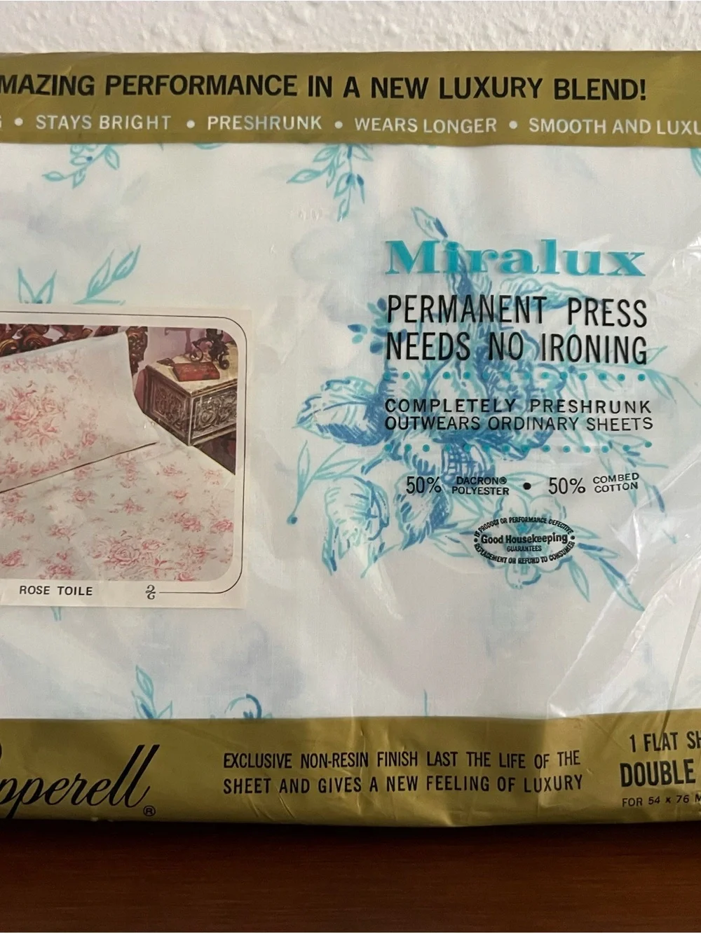 Miralux Permanent Press Bed Sheet - White with Light Blue Floral